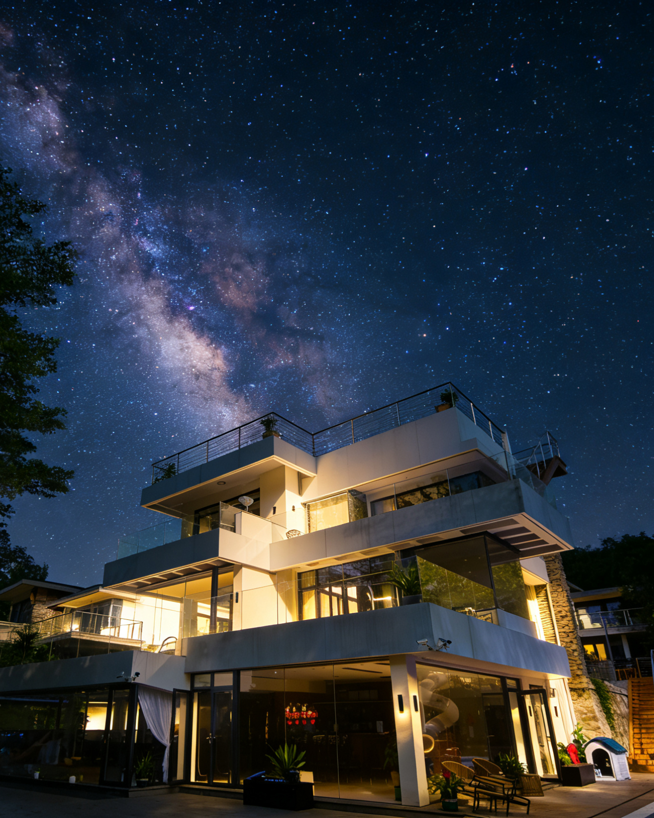 翠溪山庄夜空下的别墅与银河